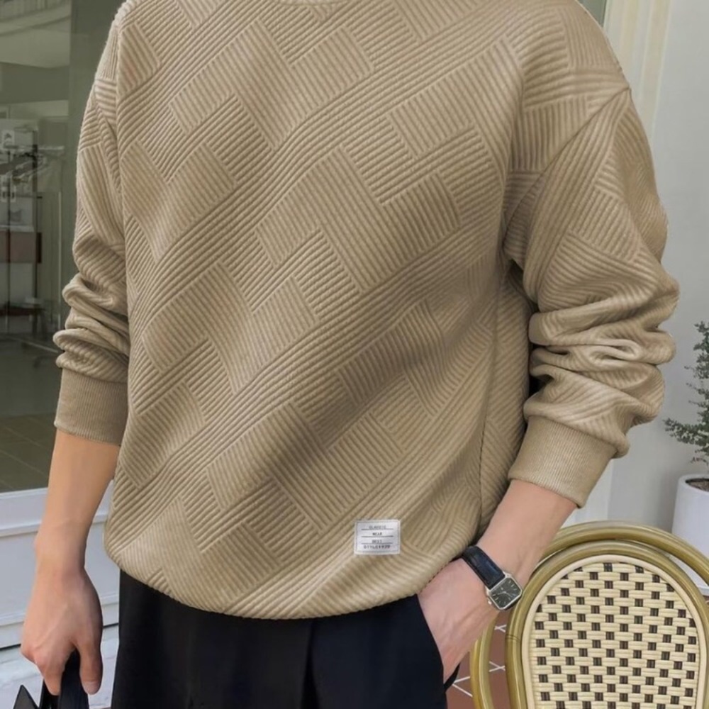 Men Men's Crewneck‎ Sweat Soild Color Geometric Texture Long Sleeve Casual Shirt